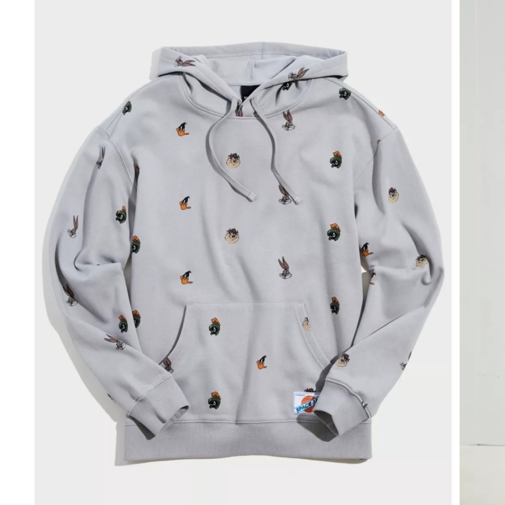 UO Exclusive, Dumbgood X Space Jam All-Over Print Hoodie, Grey Print, Size Small
